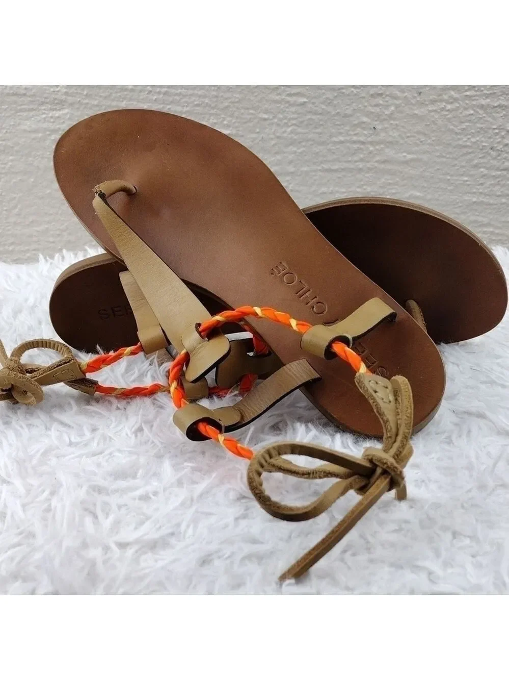 See By Chloe Tan Leather Almond Toe Thong Braided T-Strap Ankle Lace Sandal Shoe